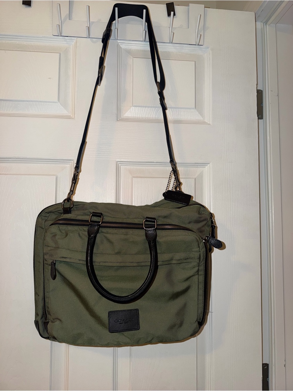 Coach Olive Green Nylon Laptop Messenger with Black Leather Trim